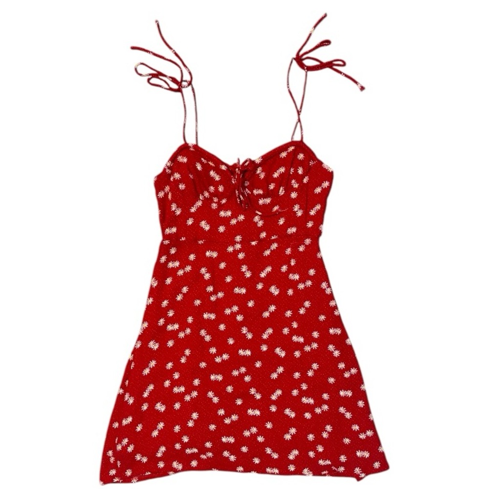 Red Floral Mini Dress with Tie-Strap‎ Detail